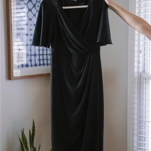 Maggy London Black Wrap Midi Dress with Flounce Sleeves